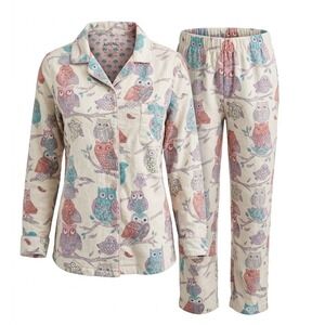 Nick & Nora Pajama Set Large 100% Cotton Flannel Night Owls Print 2PC Womens